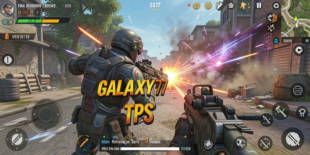 Tangkapan layar gameplay GALAXY77 menampilkan aksi seru TPS.