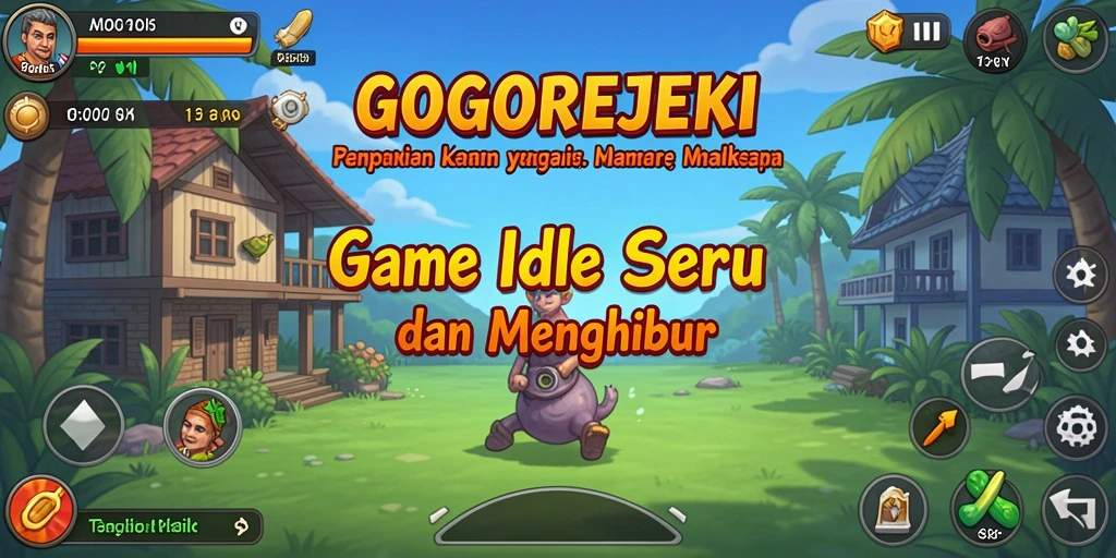 Tampilan screenshot utama GOGOREJEKI menunjukkan karakter sedang mengumpulkan sumber daya.