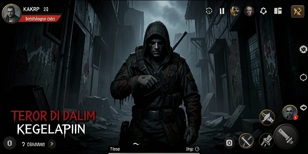 Tampilan gameplay menakutkan di KAKRP saat menjelajahi kegelapan.