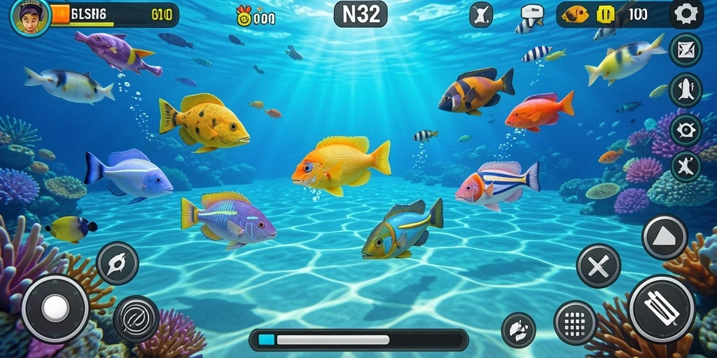 Gameplay seru N32 dengan menembak ikan berwarna-warni.