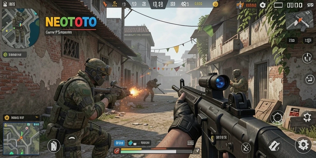 Tampilan menegangkan gameplay NEOTOTO yang penuh aksi FPS.