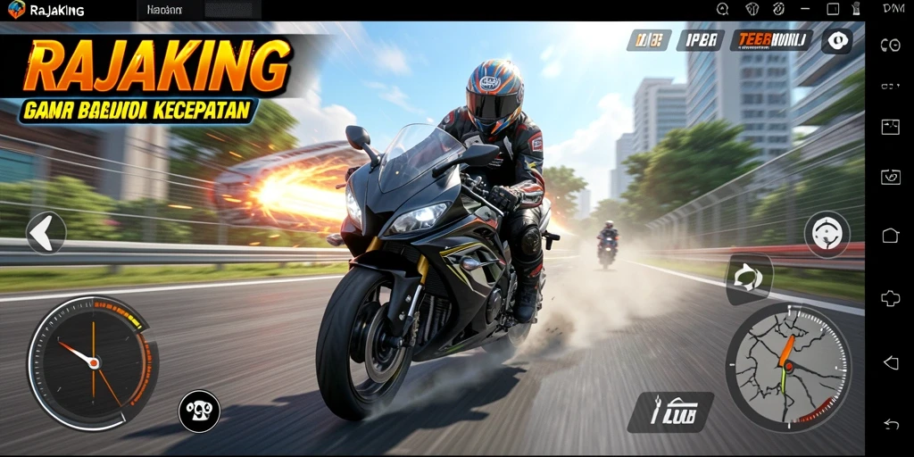 Tampilan gameplay menarik dari RAJAKING dengan motor balap yang sedang melaju di trek.
